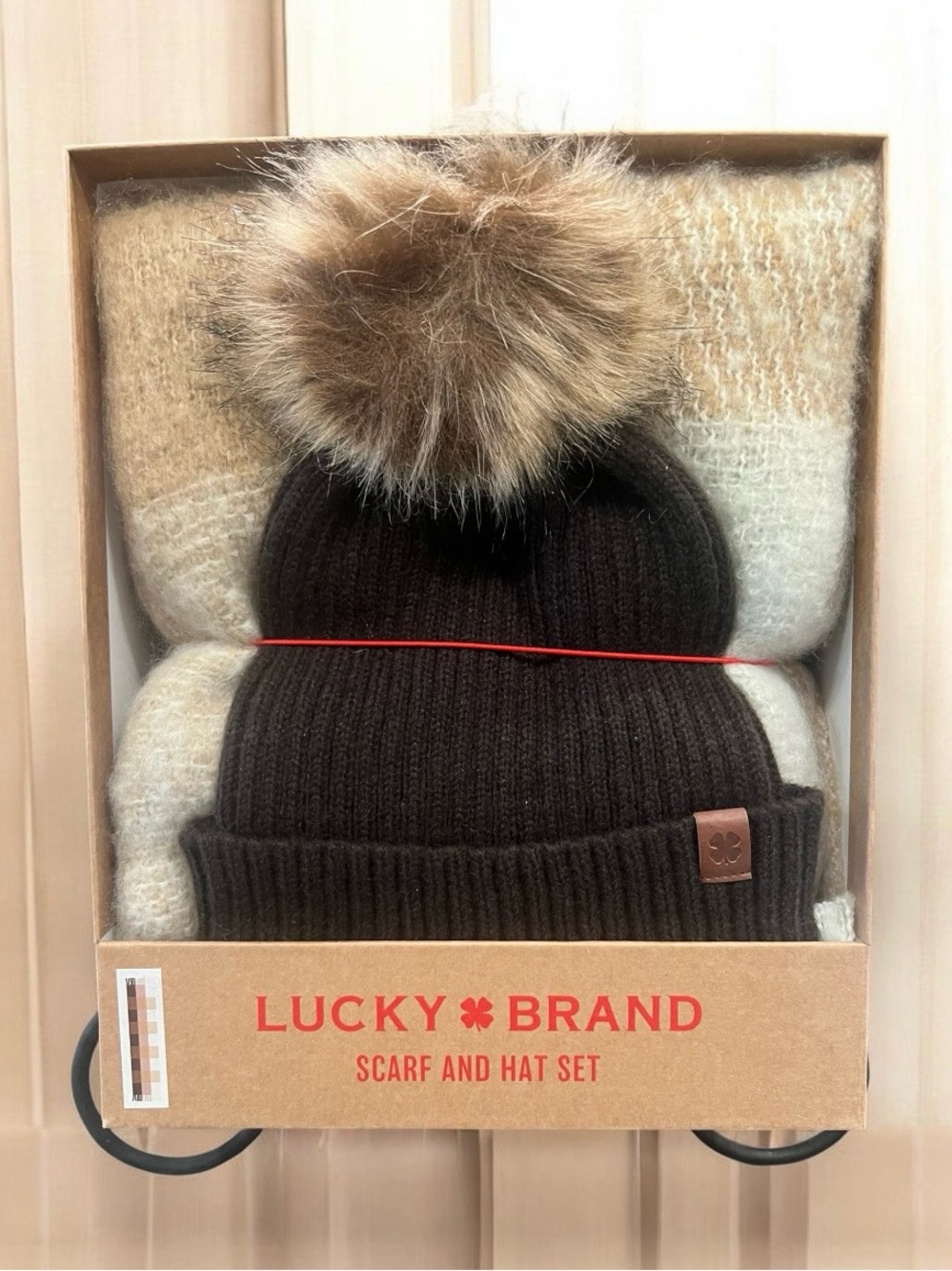 Lucky Brand Brown Ribbed Beanie with Faux Fur Pom and Neutral Scarf